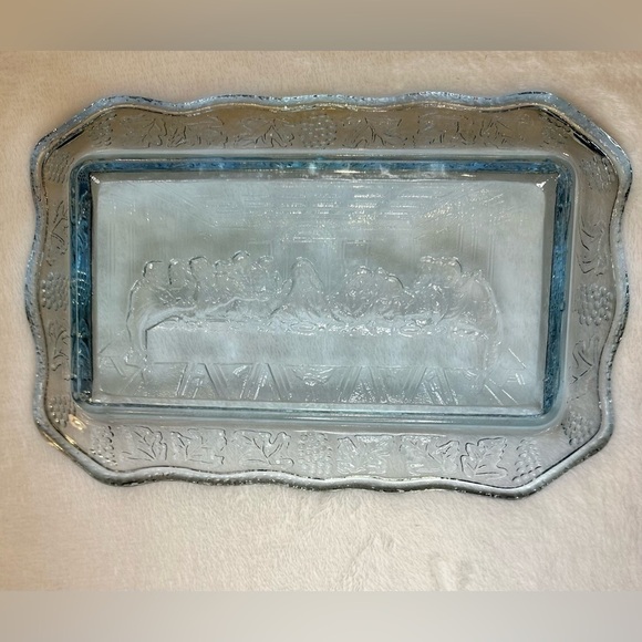 Vintage Blue Tiara Last Supper Bread Plate Platter Indiana Glass Tray Large - Picture 2 of 5